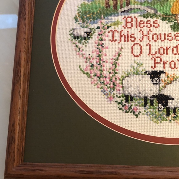 Cross stitch of “Bless this House O Lord We Pray“ English Farmhouse/Sheep/Flower - Picture 7 of 13